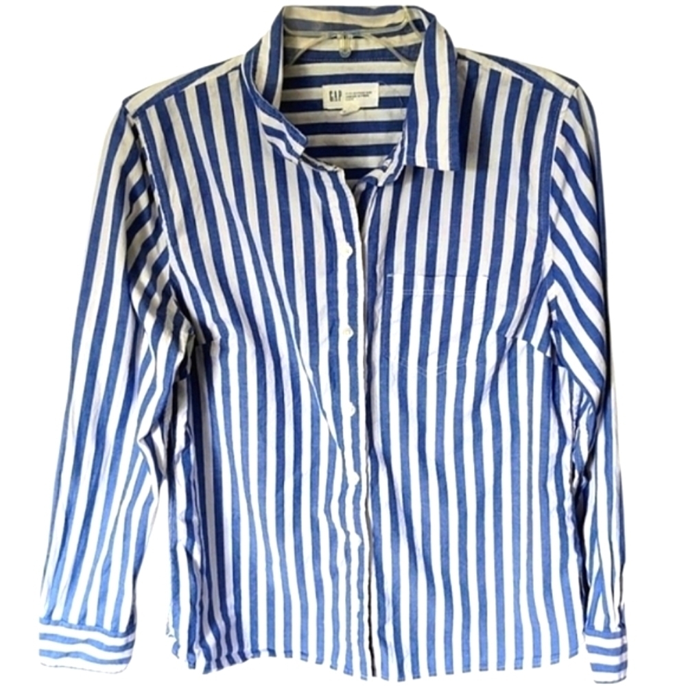 GAP Cotton Fitted Button Down Boyfriend Shirt Blue & White Stripe Size Medium